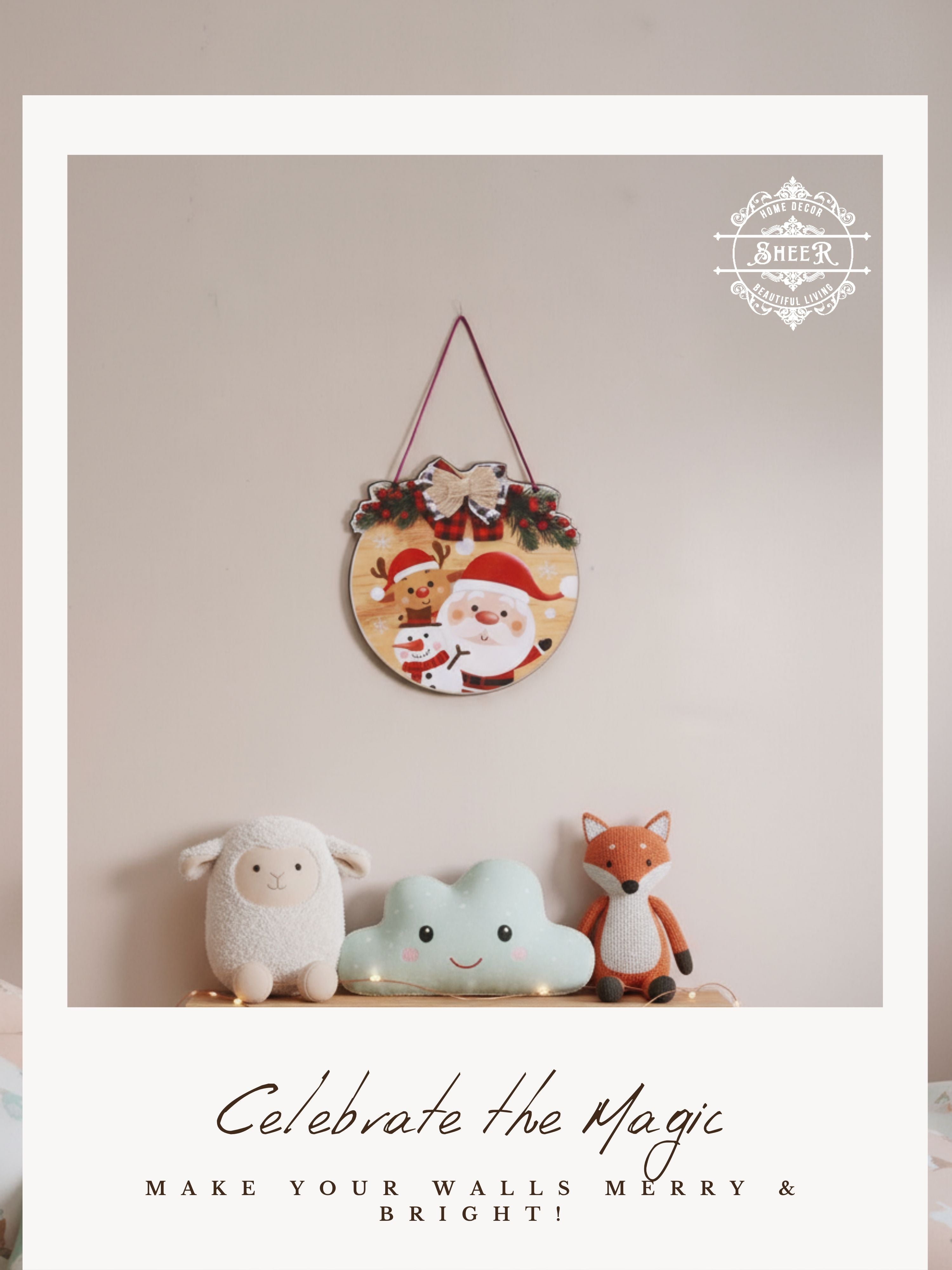 Merry Christmas Round Santa & Reindeer MDF Wall Hanging Décor