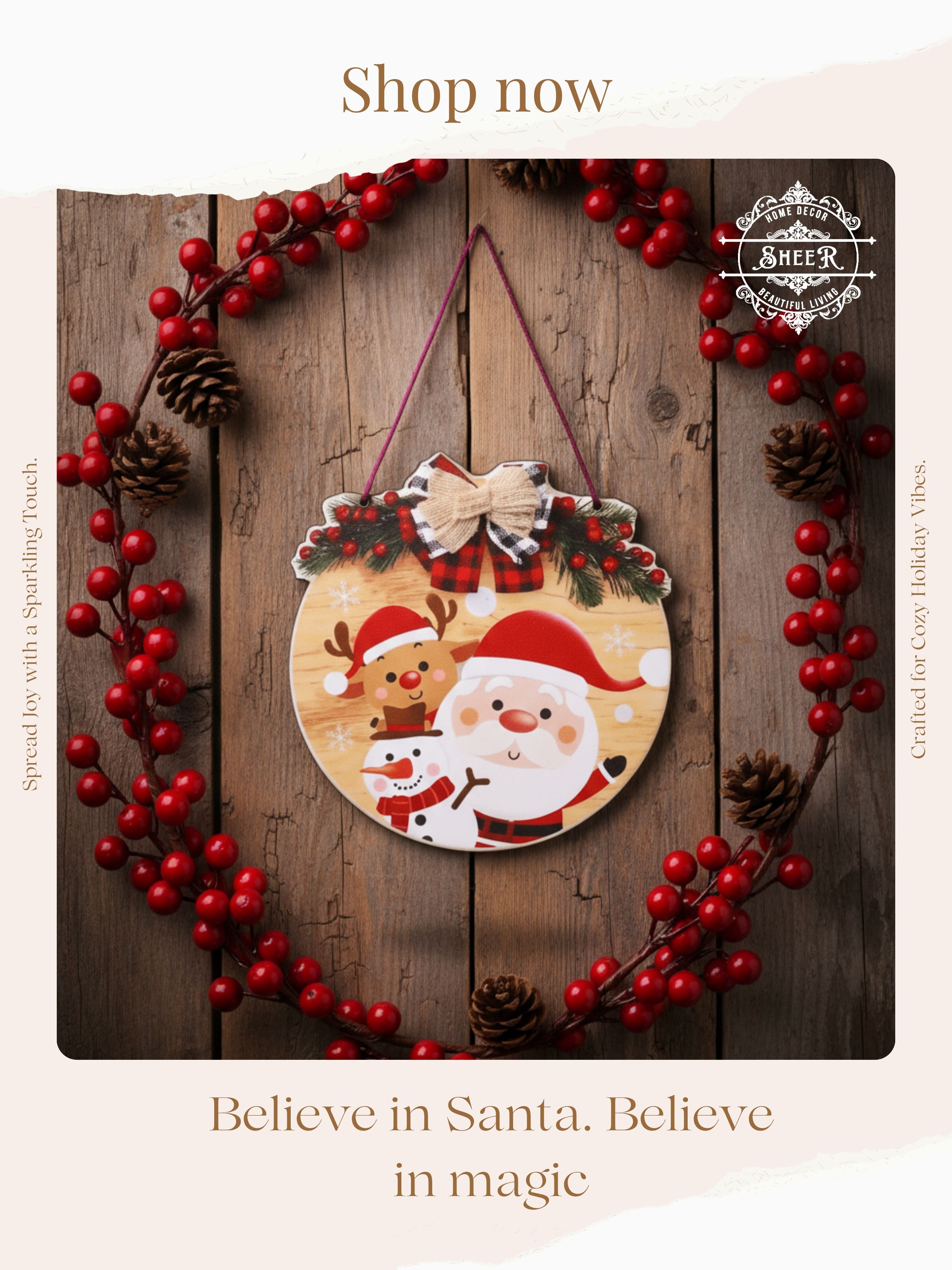 Merry Christmas Round Santa & Reindeer MDF Wall Hanging Décor