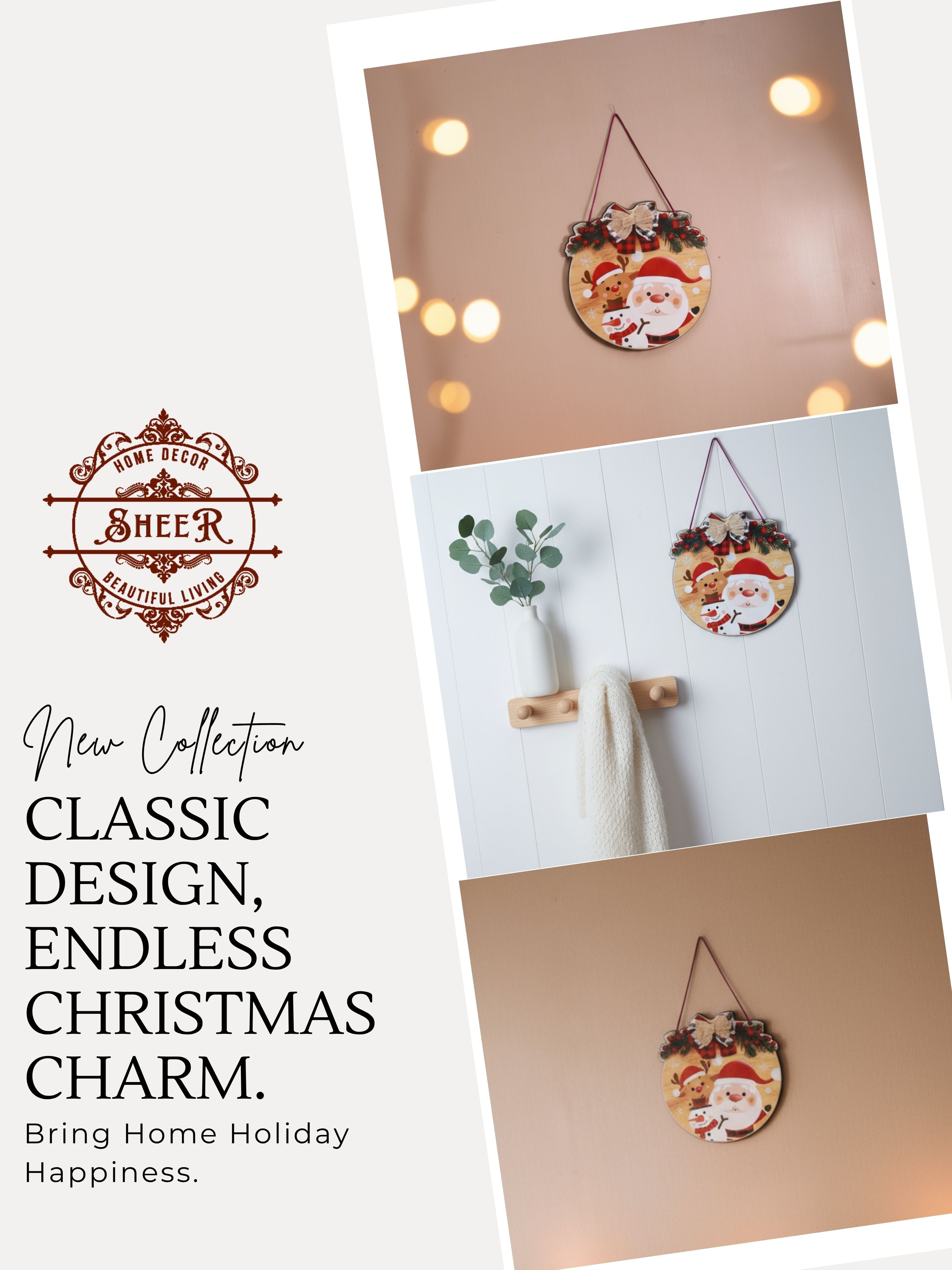 Merry Christmas Round Santa & Reindeer MDF Wall Hanging Décor