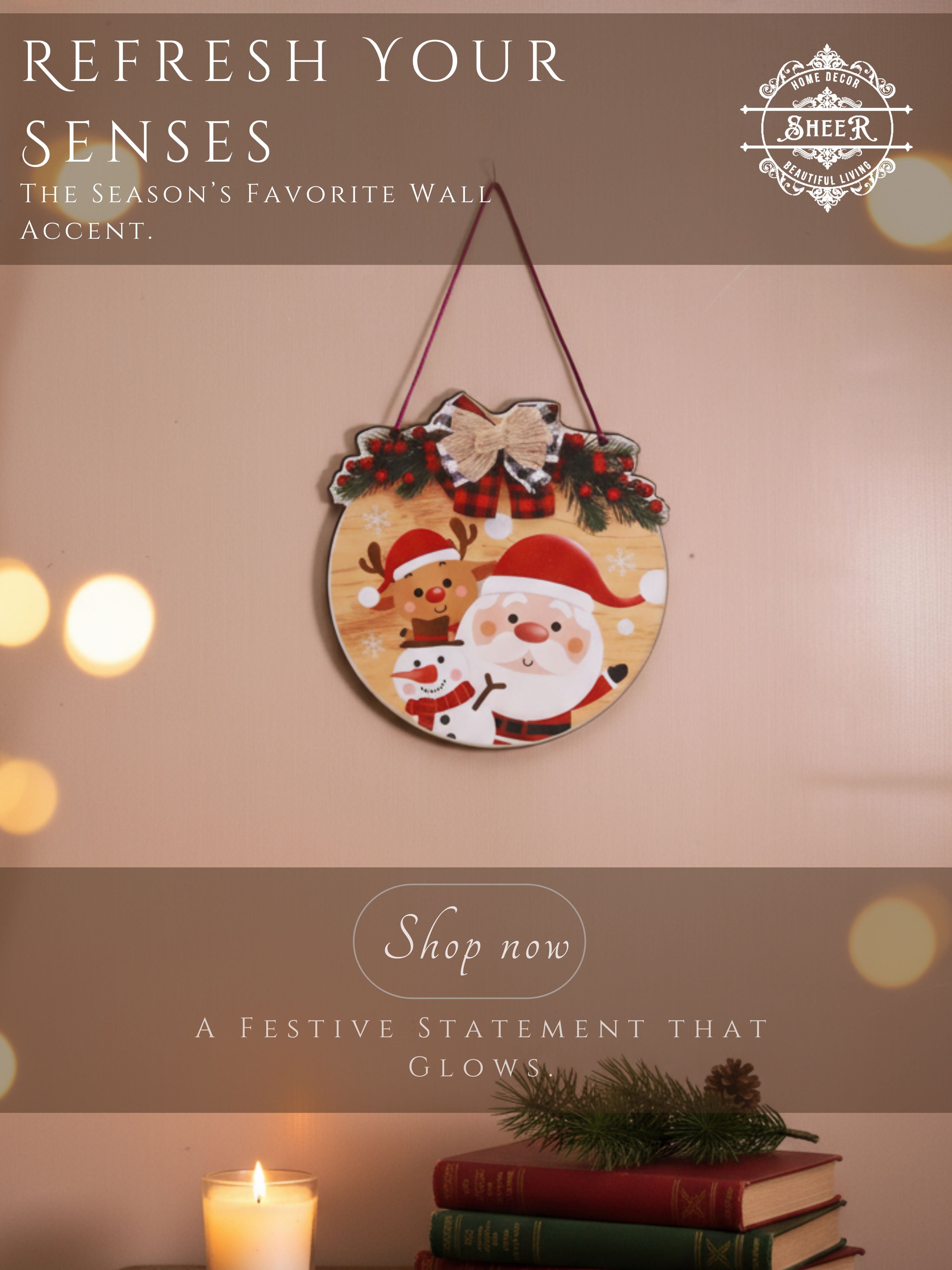 Merry Christmas Round Santa & Reindeer MDF Wall Hanging Décor