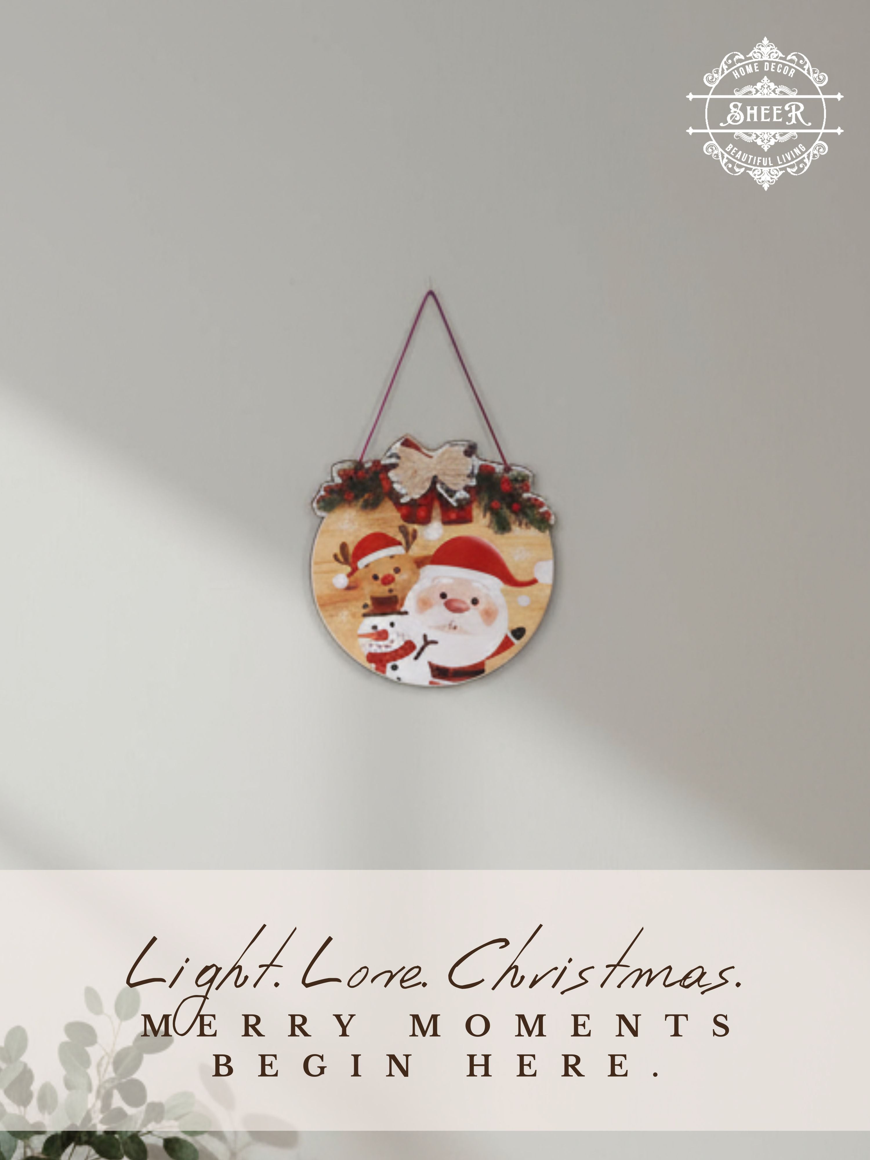 Merry Christmas Round Santa & Reindeer MDF Wall Hanging Décor