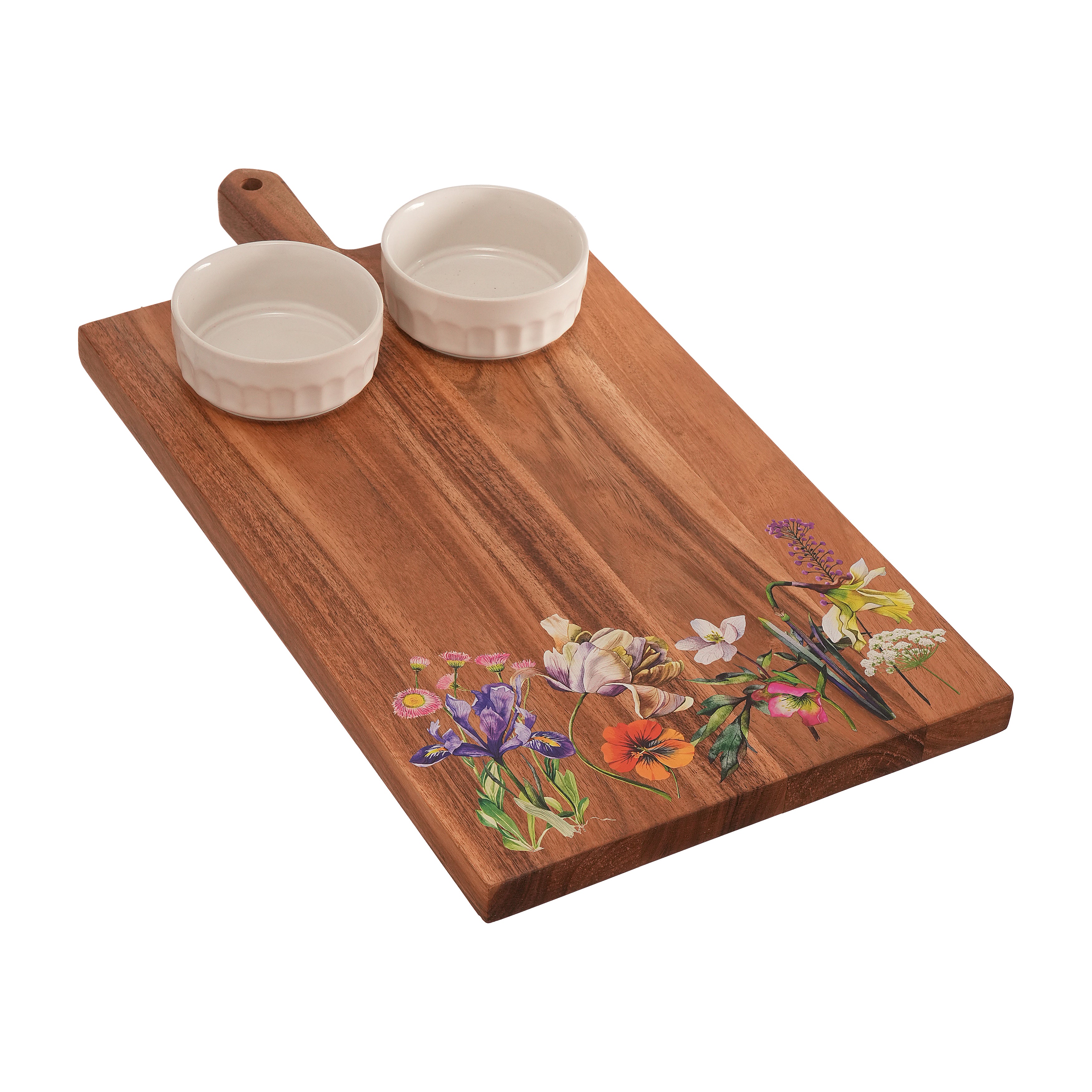 Floral Enamel Wooden Platter - Double Bowl Set