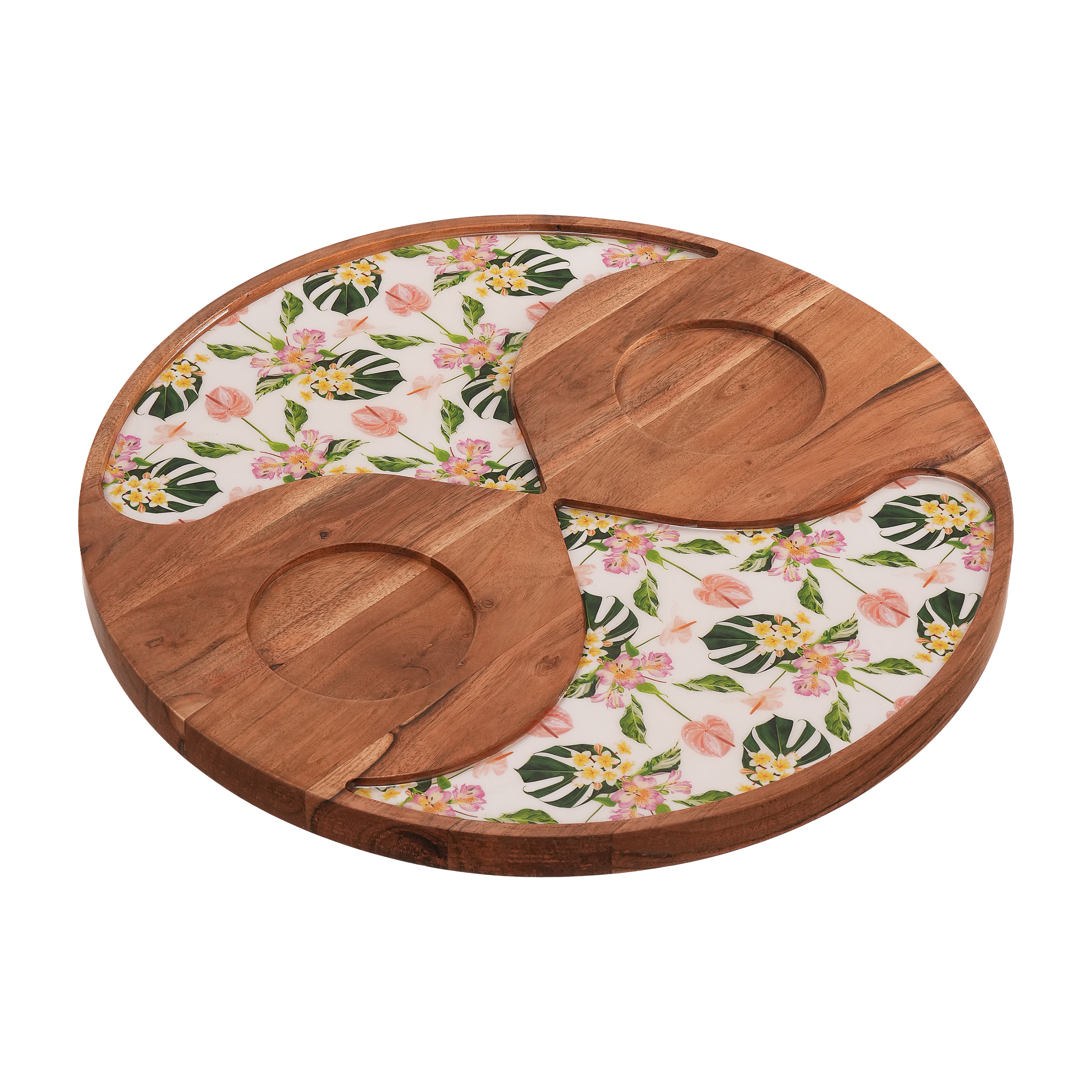 Floral Enamel Round Wooden Platter - Double Bowl Set