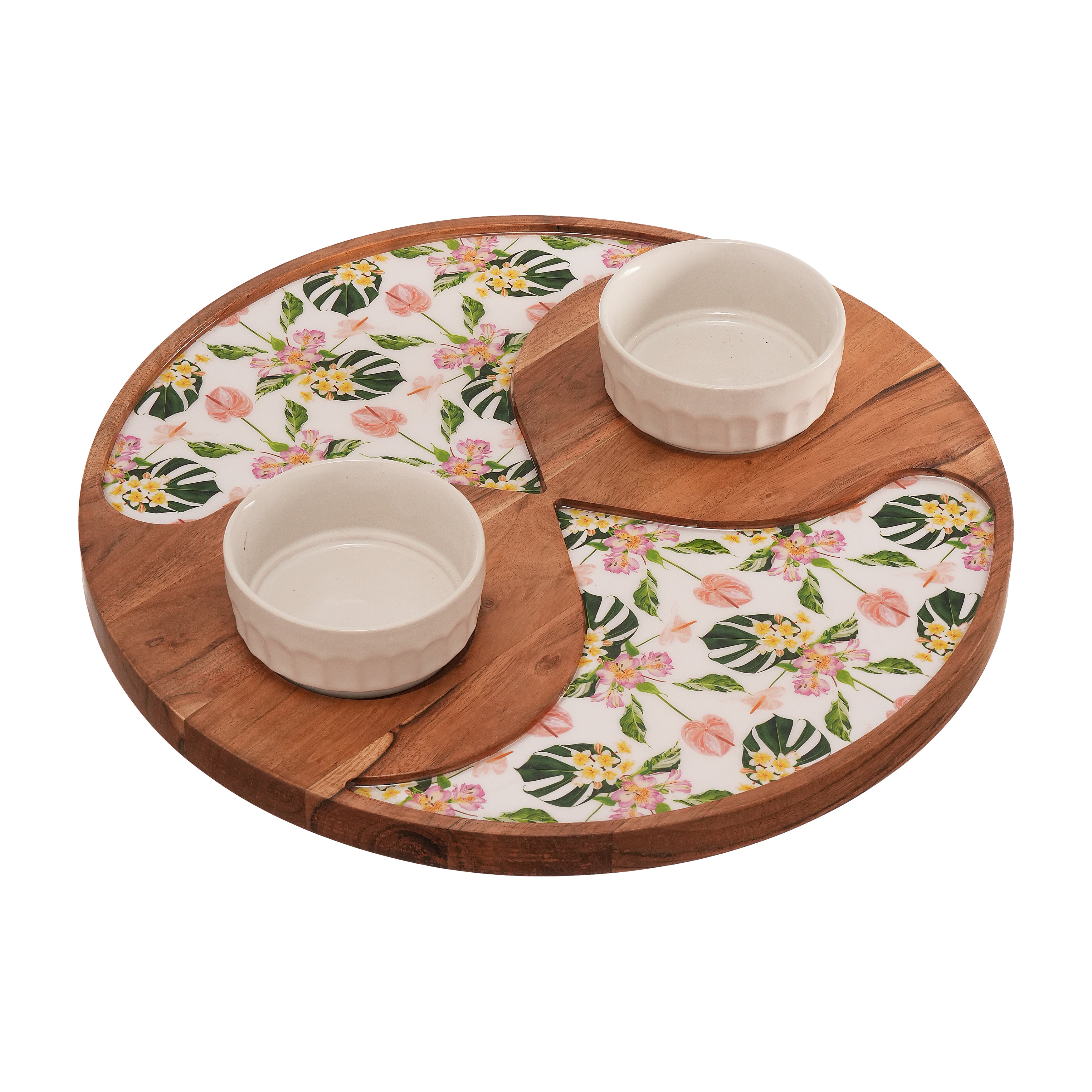Floral Enamel Round Wooden Platter - Double Bowl Set