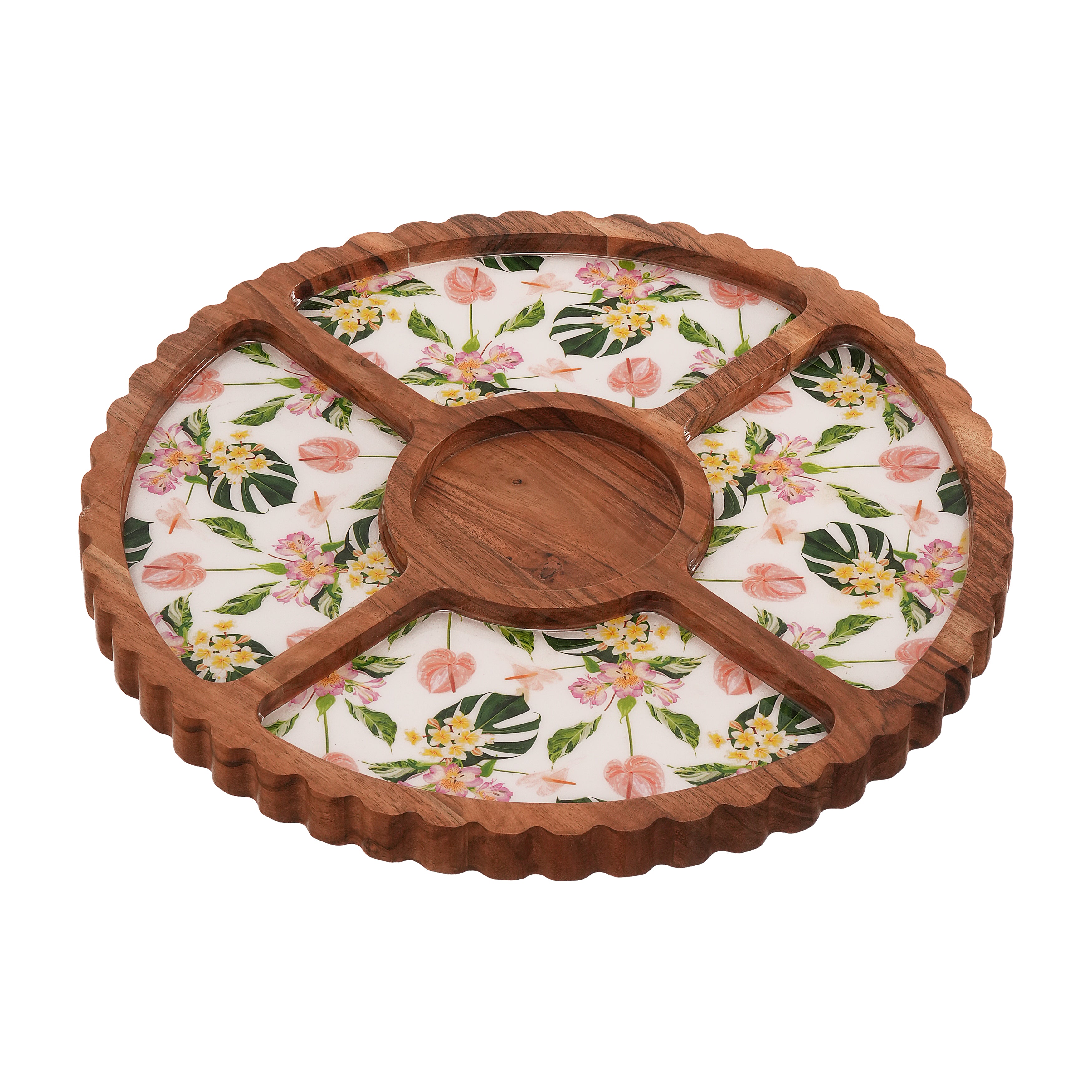 Floral Enamel Round Wooden Platter - Single Bowl Set