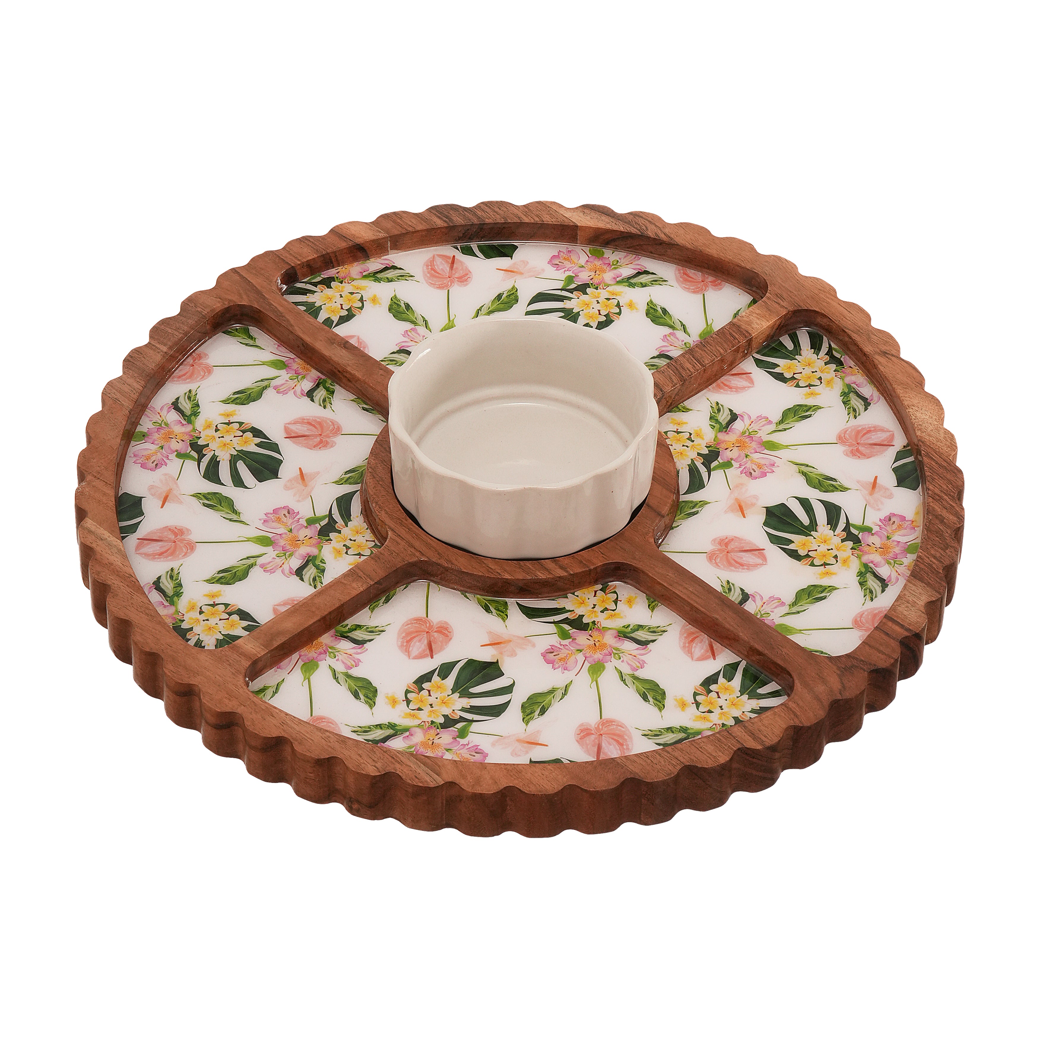 Floral Enamel Round Wooden Platter - Single Bowl Set