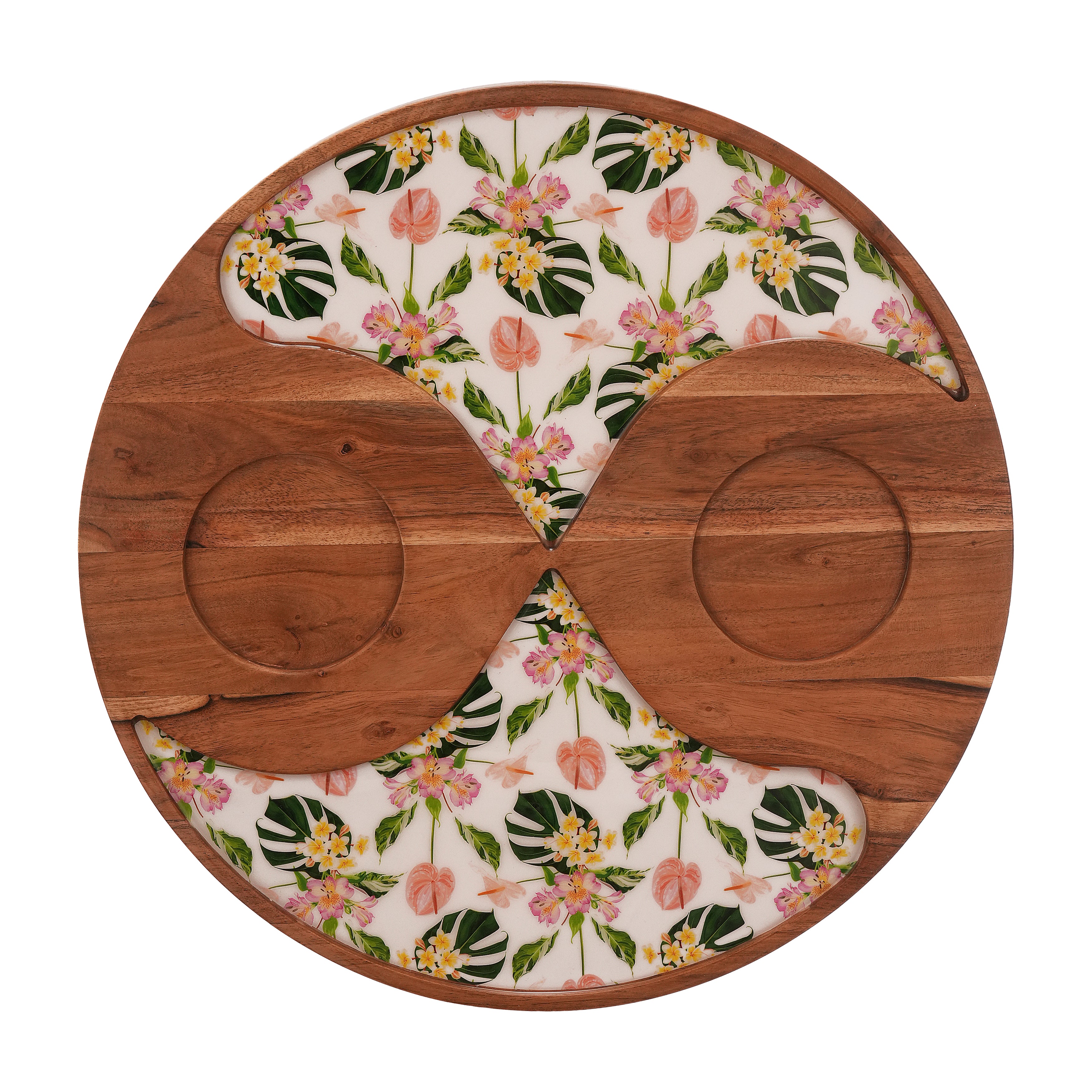 Floral Enamel Round Wooden Platter - Double Bowl Set