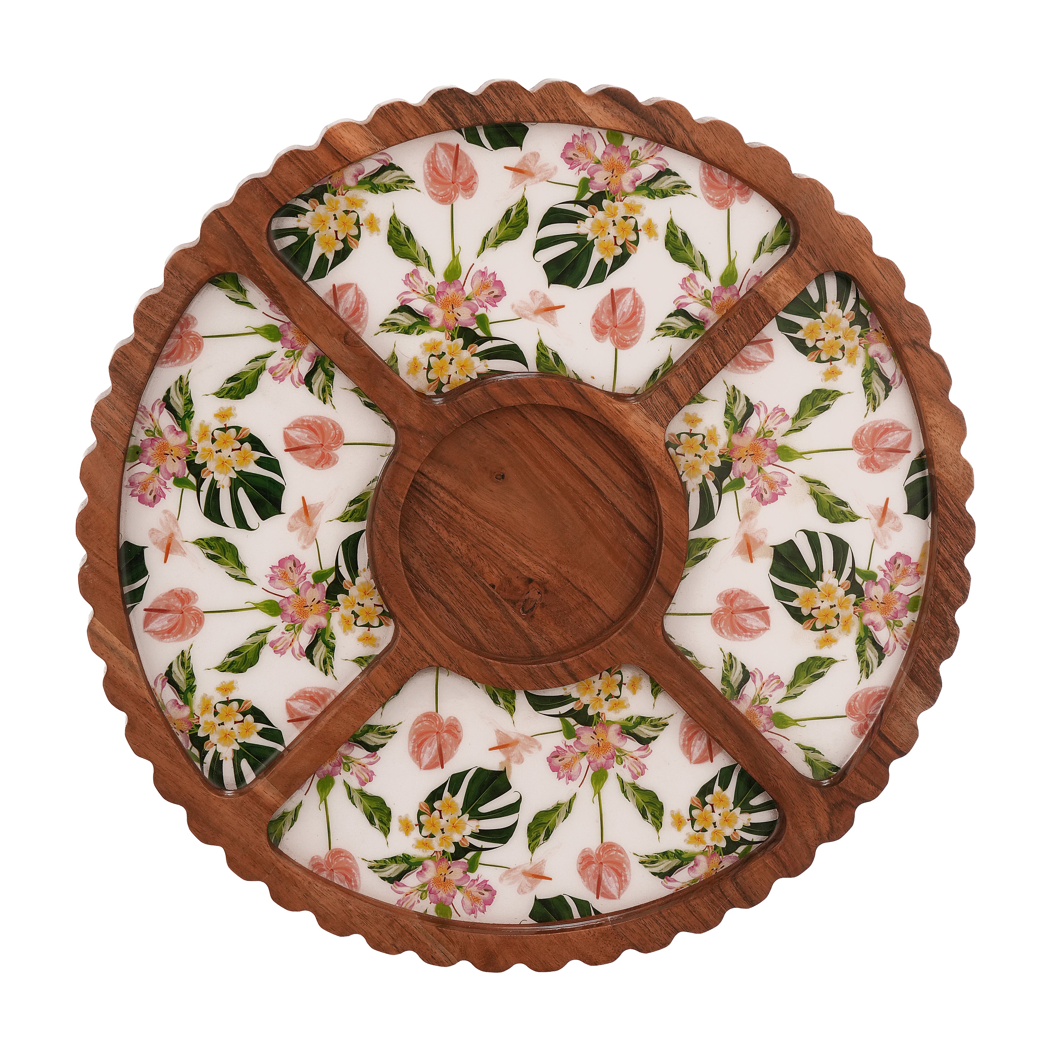 Floral Enamel Round Wooden Platter - Single Bowl Set