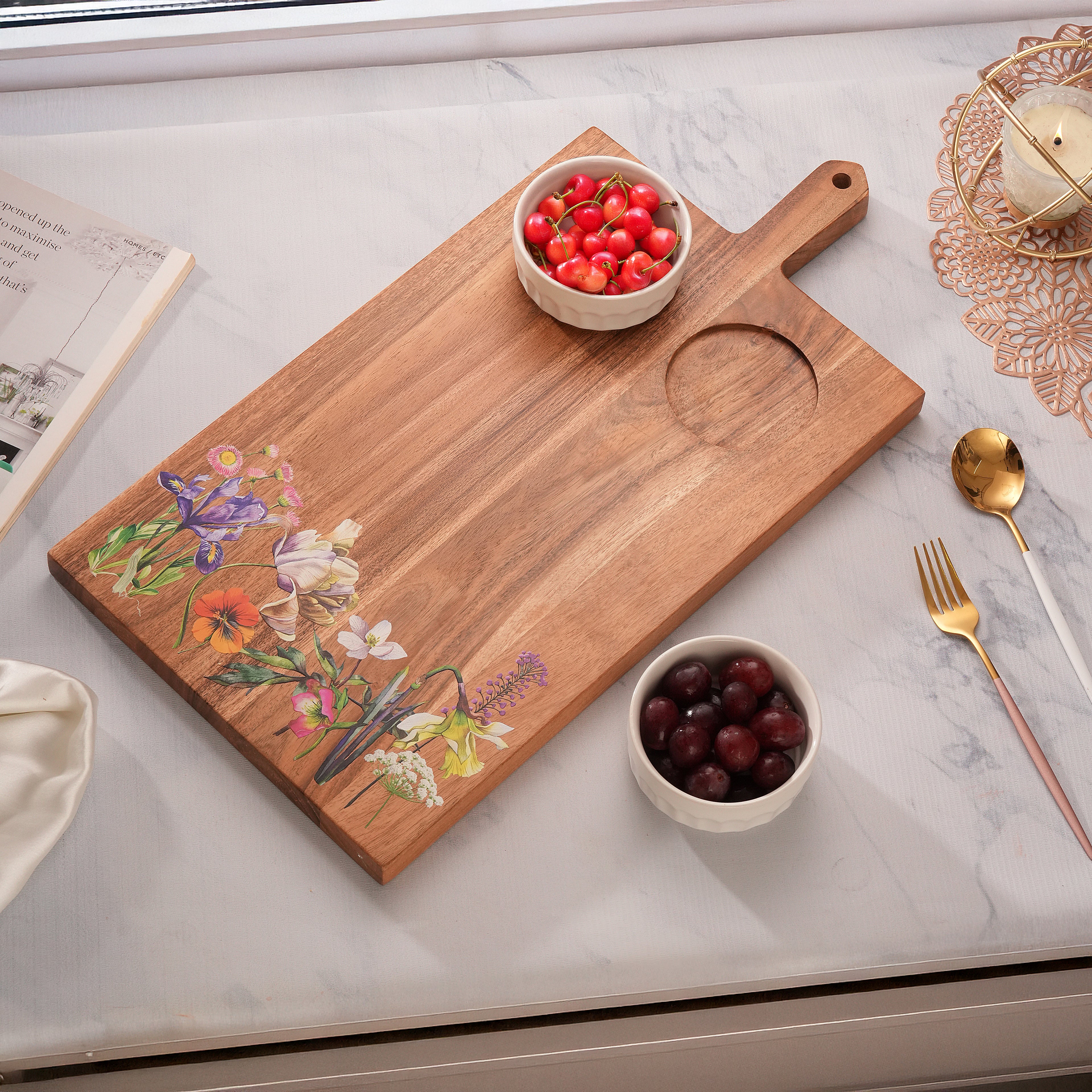 Floral Enamel Wooden Platter - Double Bowl Set
