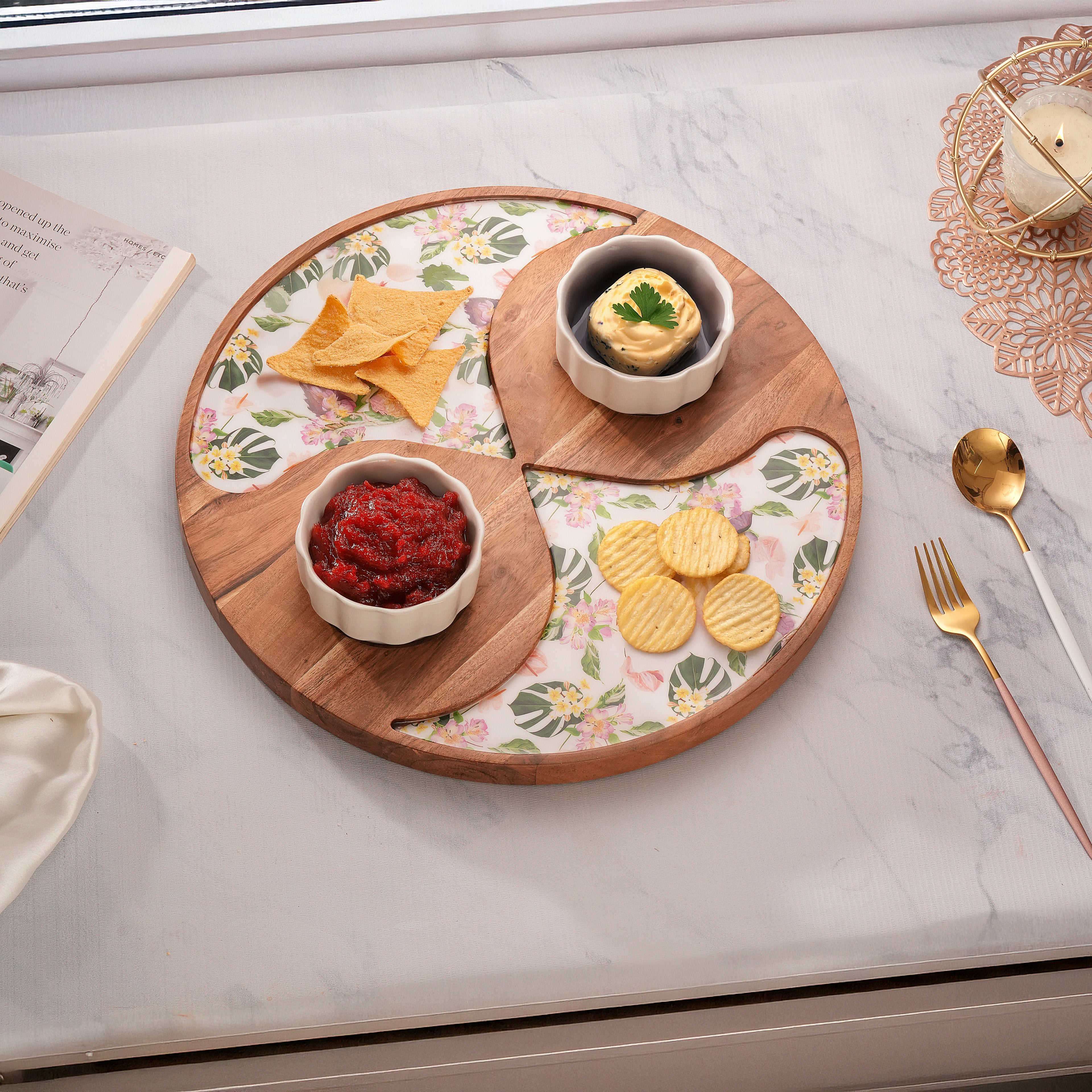 Floral Enamel Round Wooden Platter - Double Bowl Set