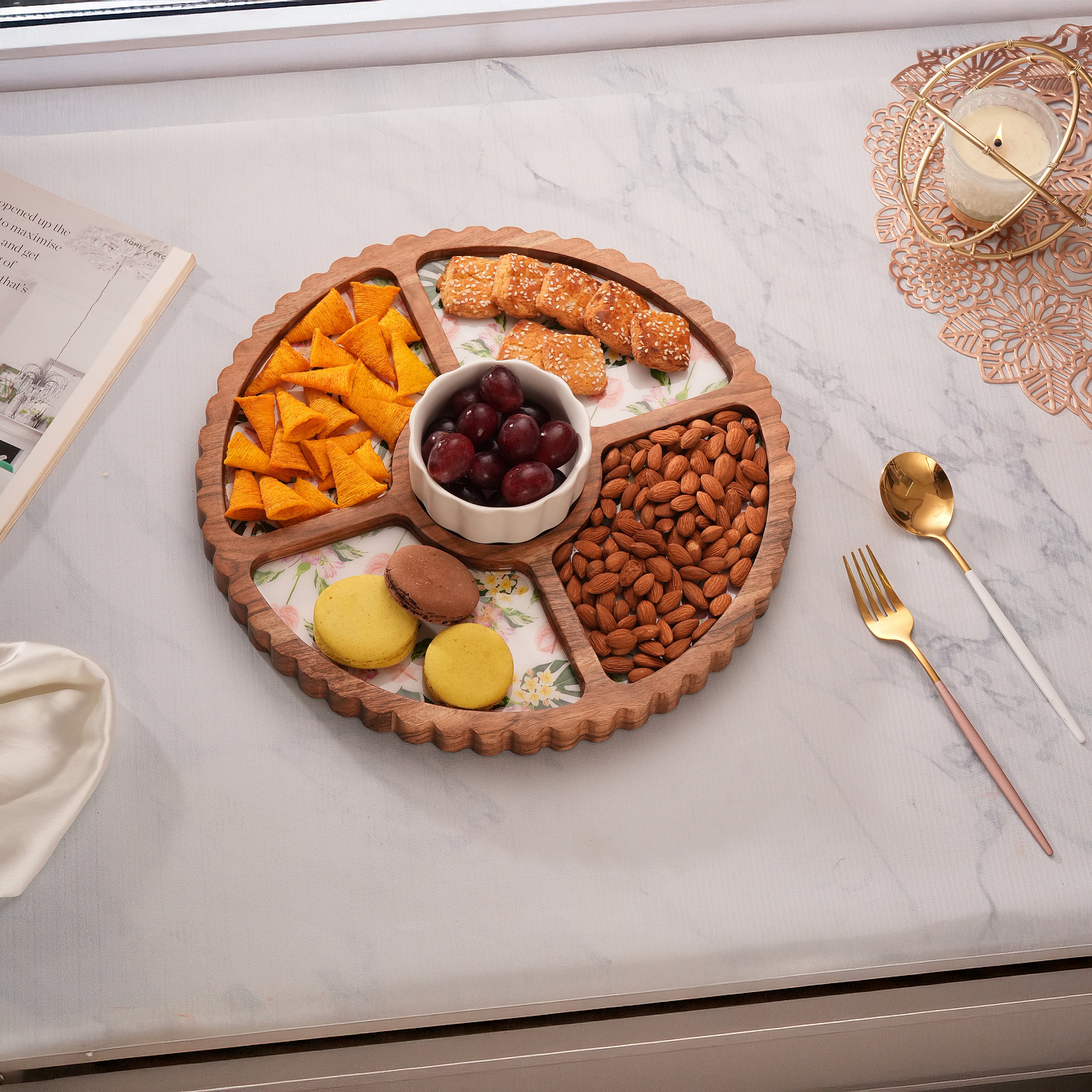 Floral Enamel Round Wooden Platter - Single Bowl Set