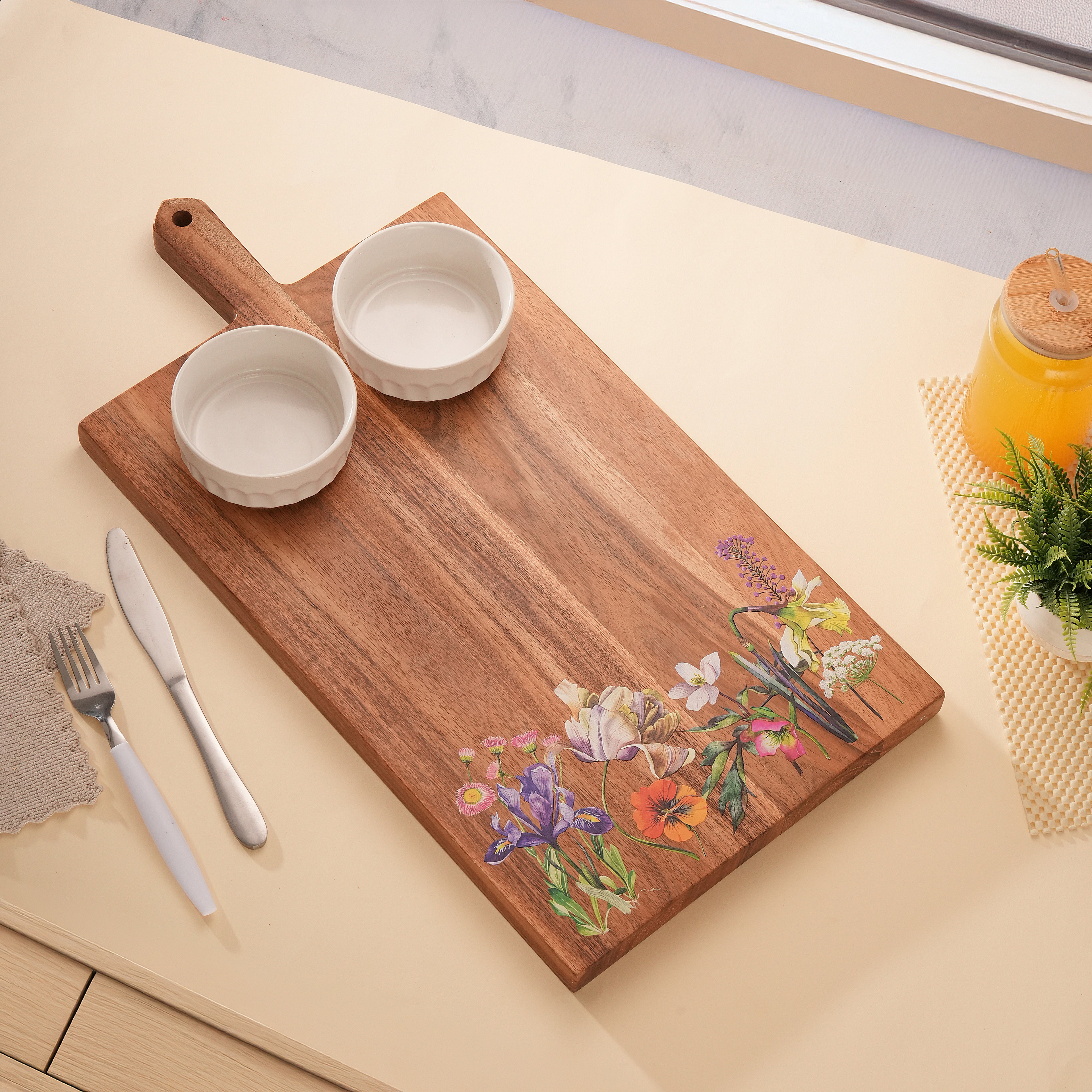 Floral Enamel Wooden Platter - Double Bowl Set