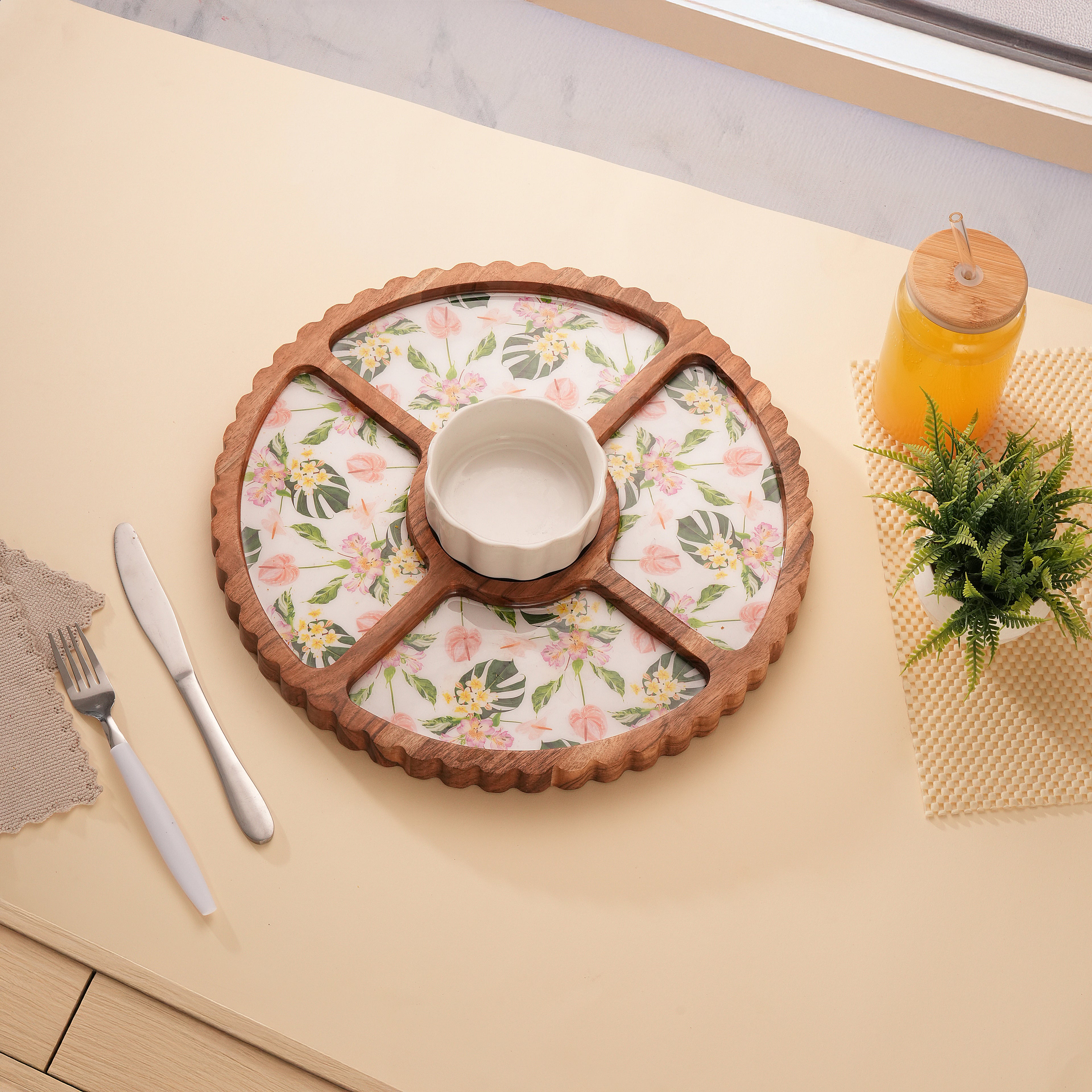 Floral Enamel Round Wooden Platter - Single Bowl Set