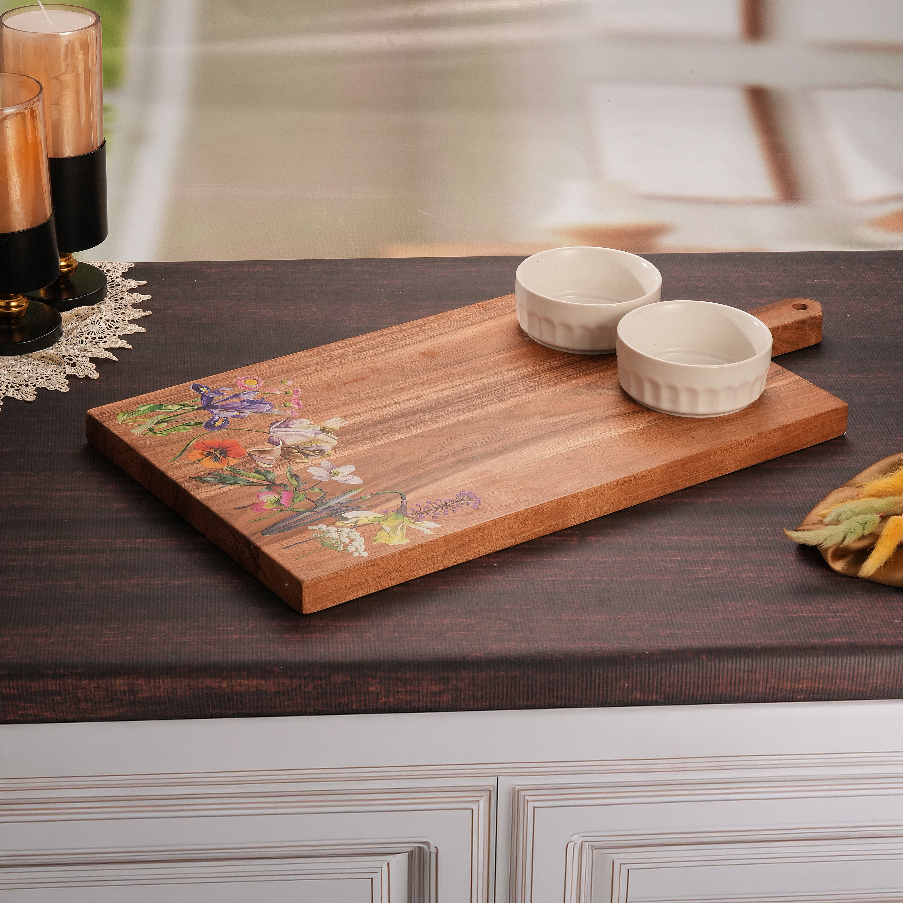 Floral Enamel Wooden Platter - Double Bowl Set