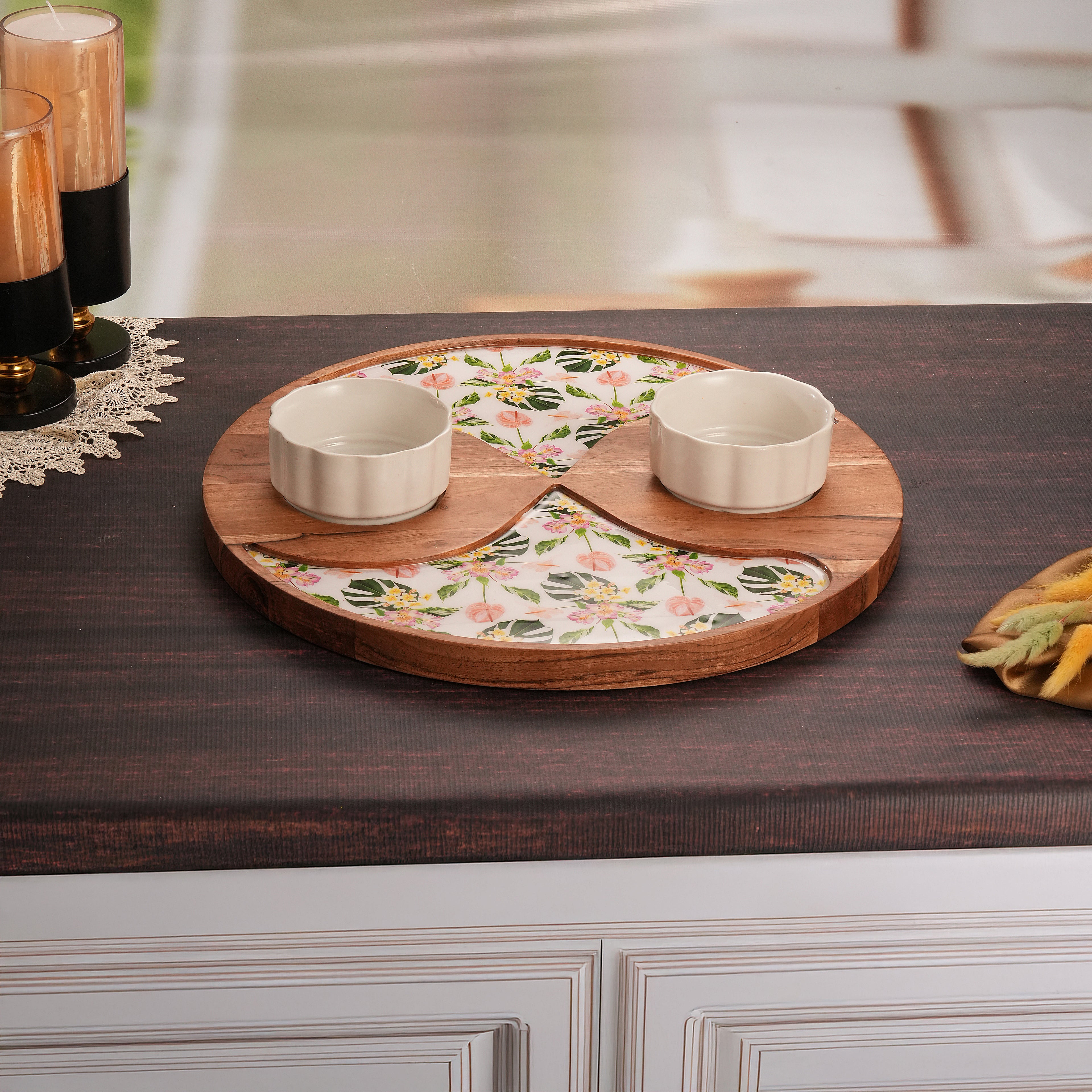 Floral Enamel Round Wooden Platter - Double Bowl Set