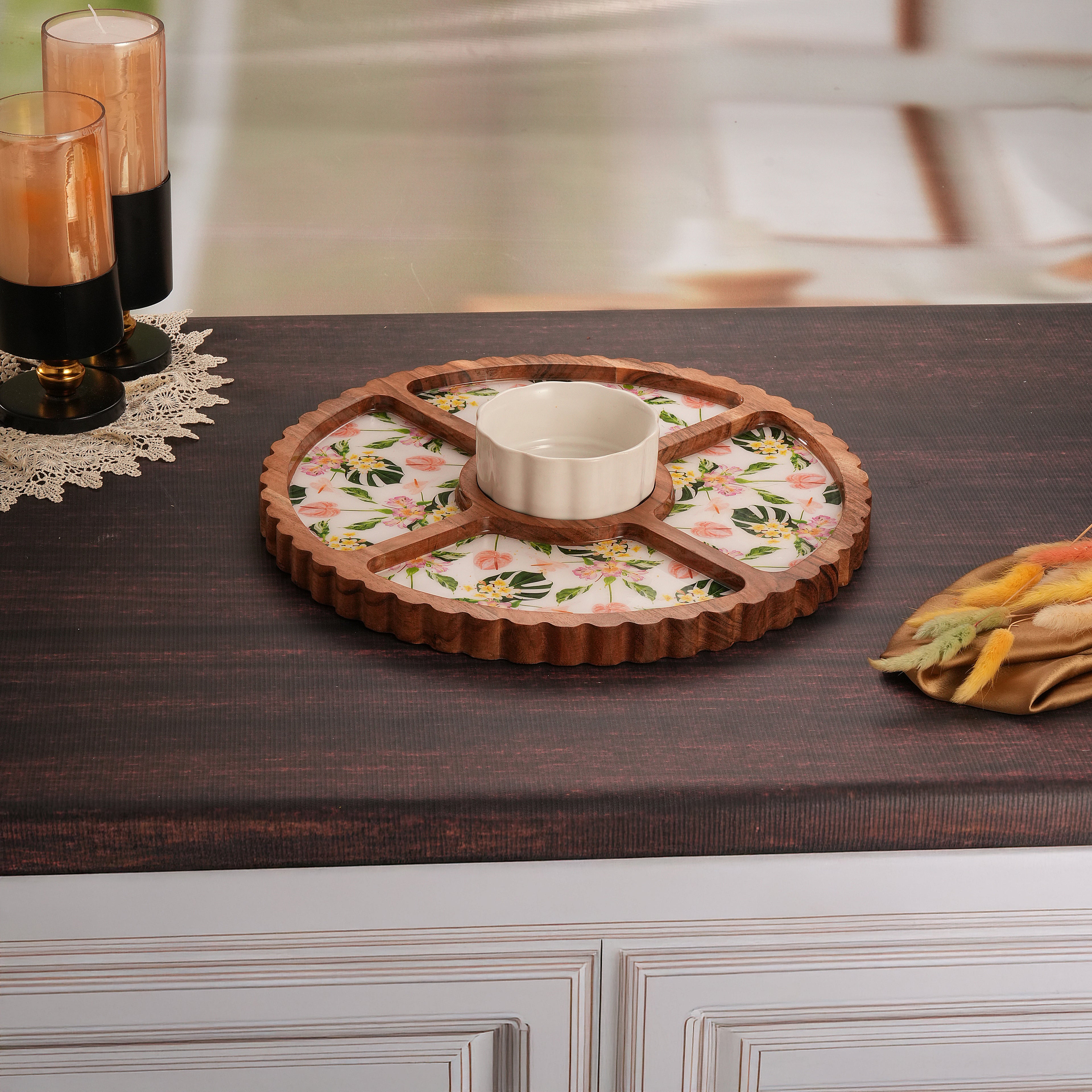 Floral Enamel Round Wooden Platter - Single Bowl Set