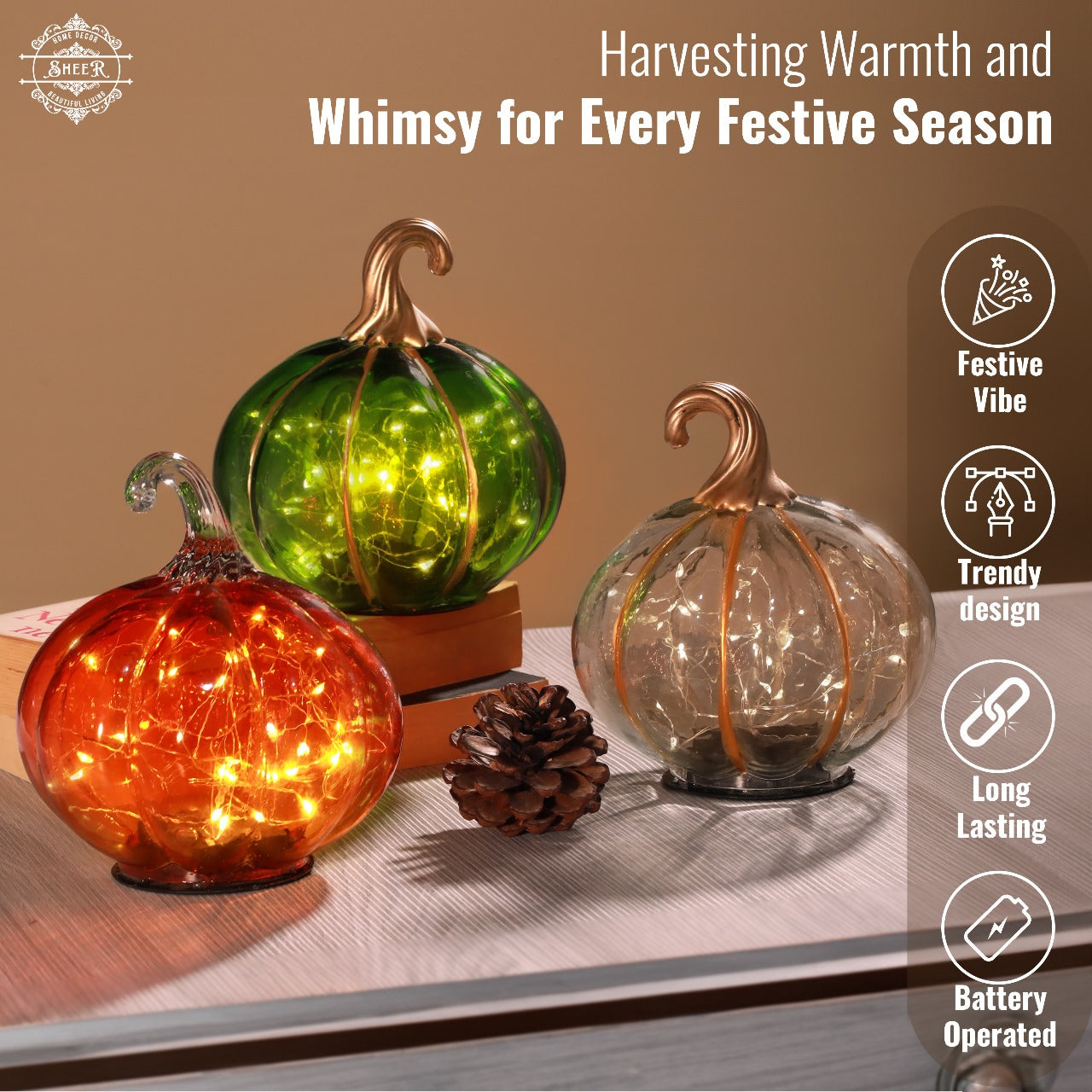 Luminous Glass Pumpkin Décor - Green