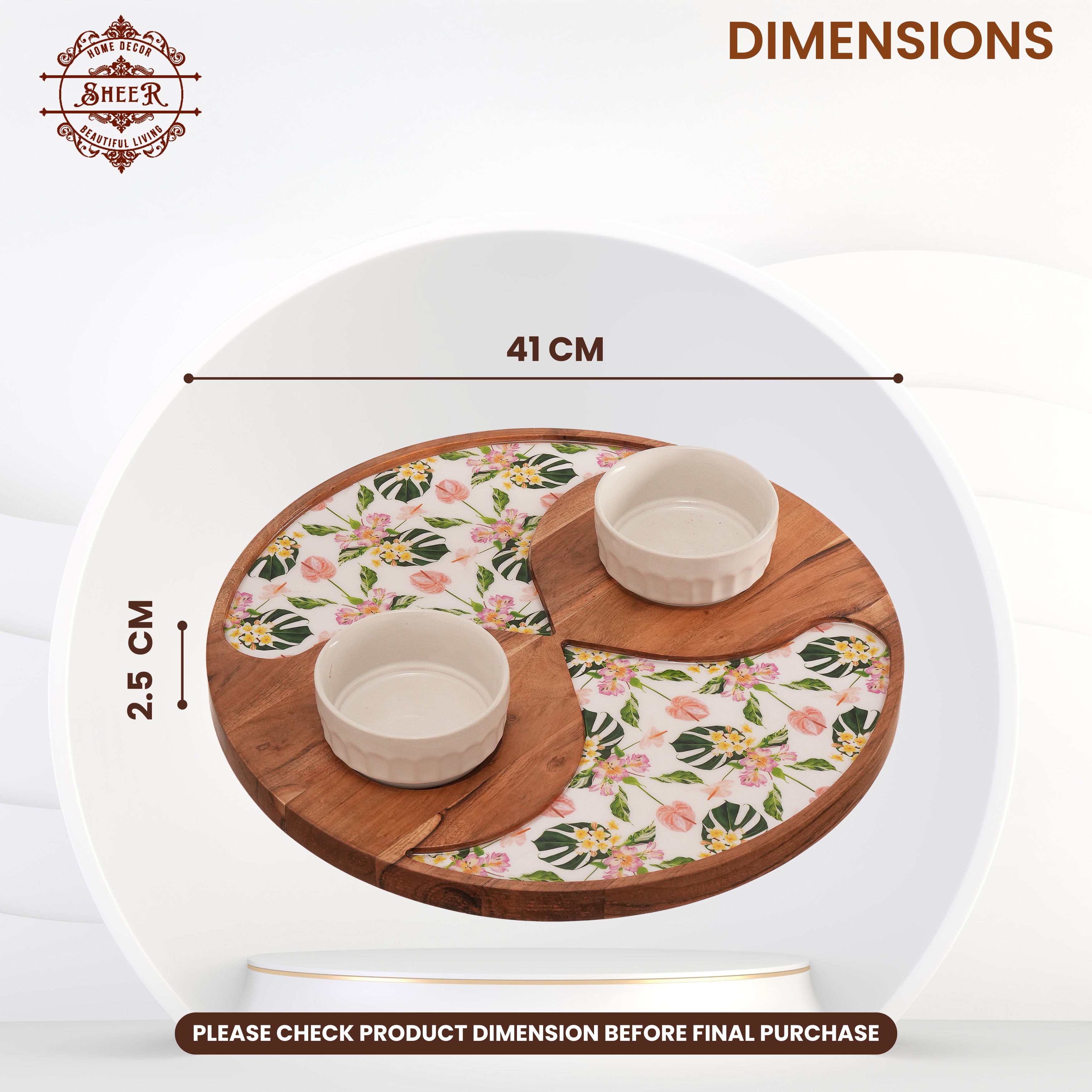 Floral Enamel Round Wooden Platter - Double Bowl Set