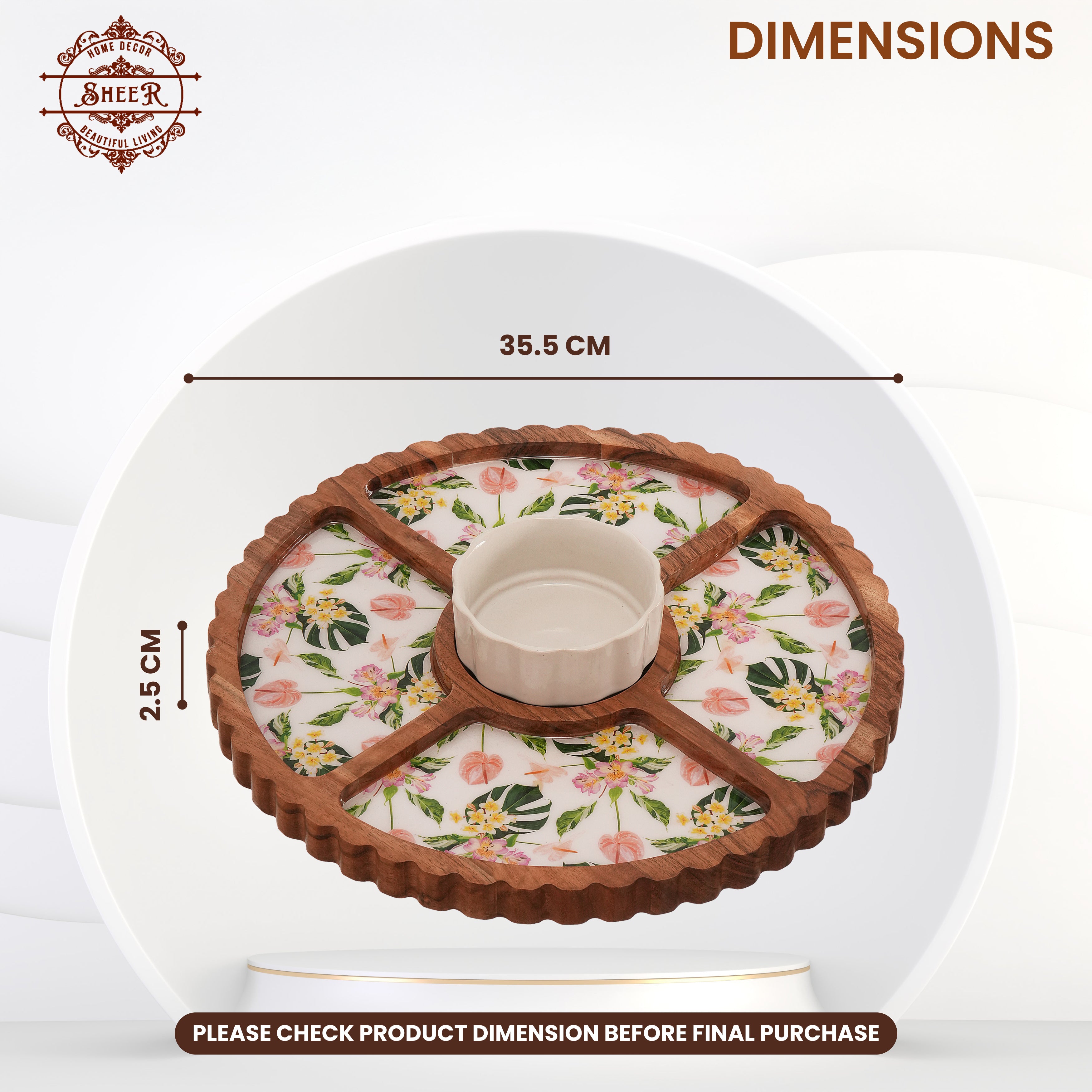 Floral Enamel Round Wooden Platter - Single Bowl Set