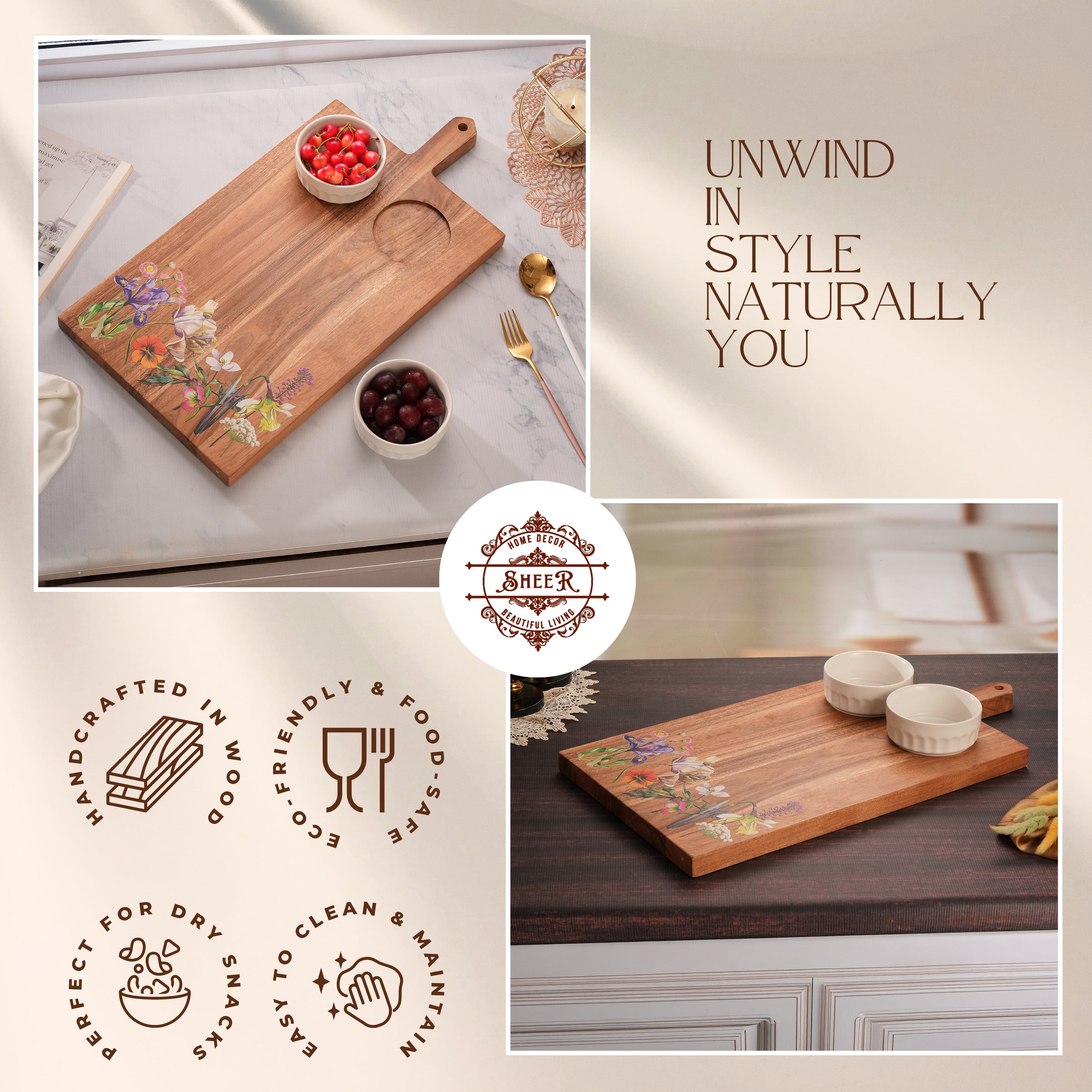 Floral Enamel Wooden Platter - Double Bowl Set