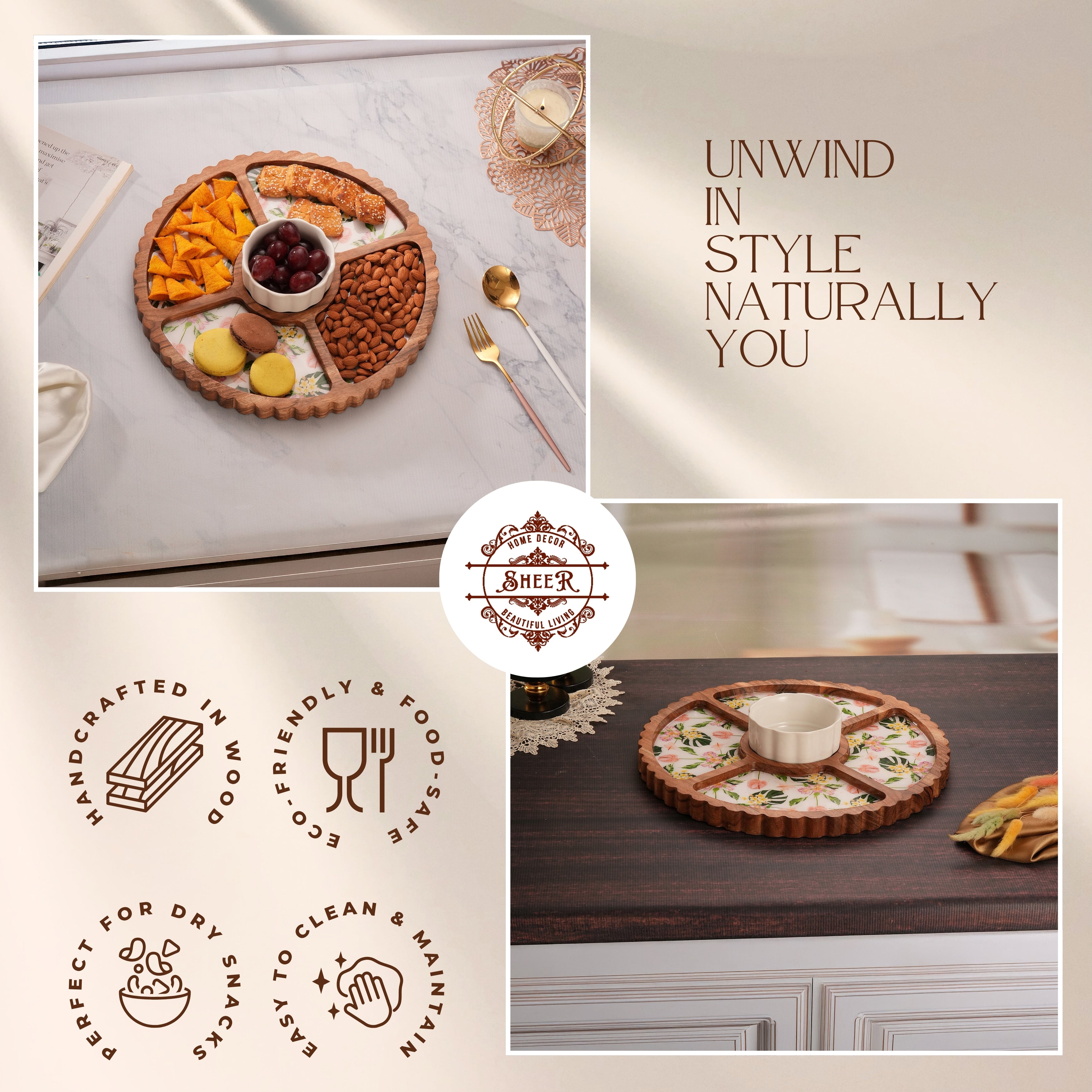 Floral Enamel Round Wooden Platter - Single Bowl Set