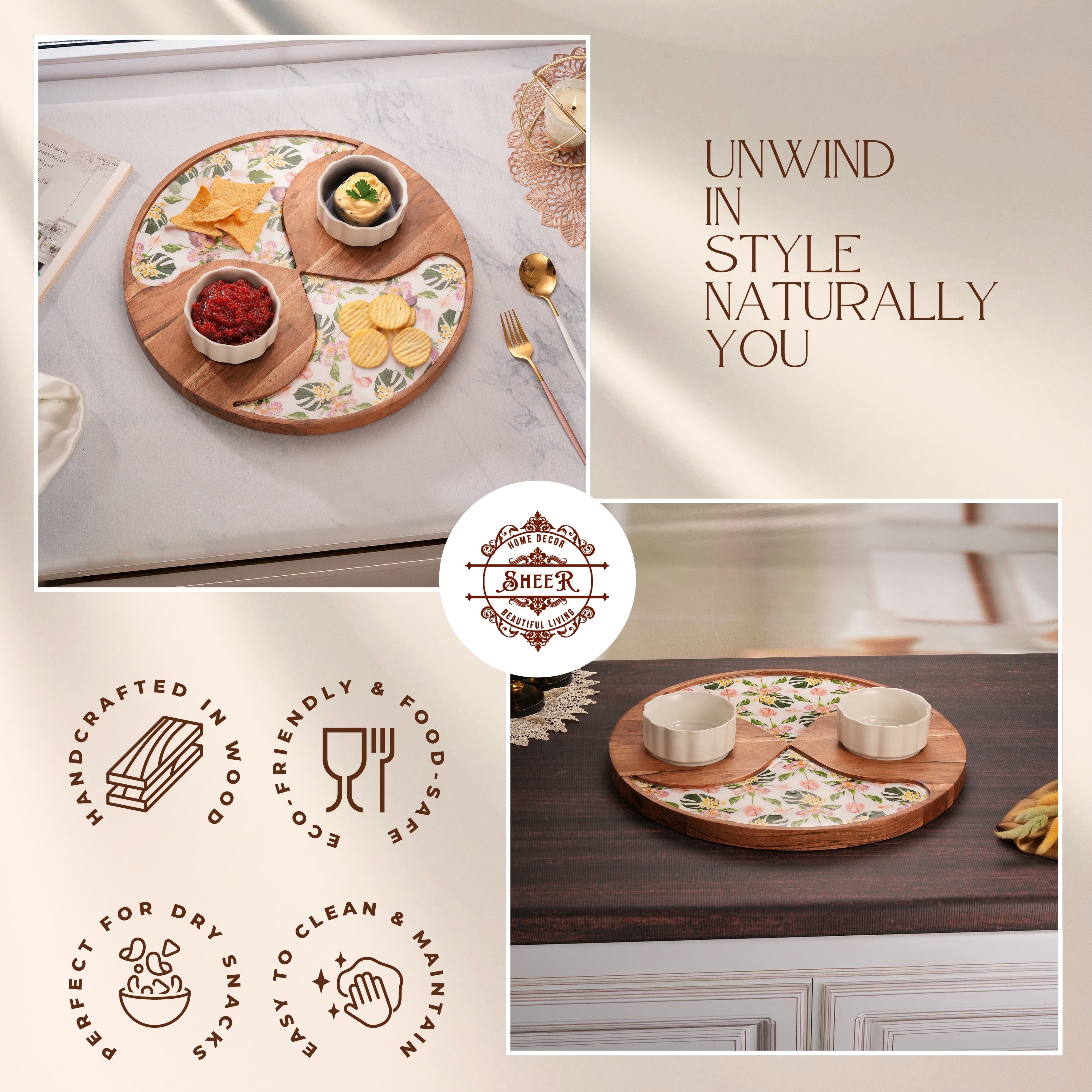 Floral Enamel Round Wooden Platter - Double Bowl Set